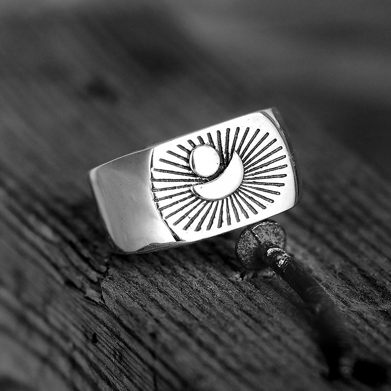 Sun and Moon Signet Ring for Men Sterling Silver
