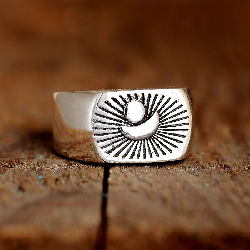 Sun and Moon Signet Ring for Men Sterling Silver