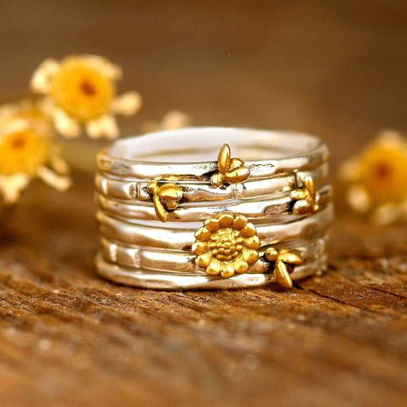 Bees and Sunflower Stacking Ring Set Sterling Silver