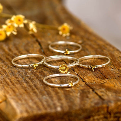 Bees and Sunflower Stacking Ring Set Sterling Silver - Boho Magic