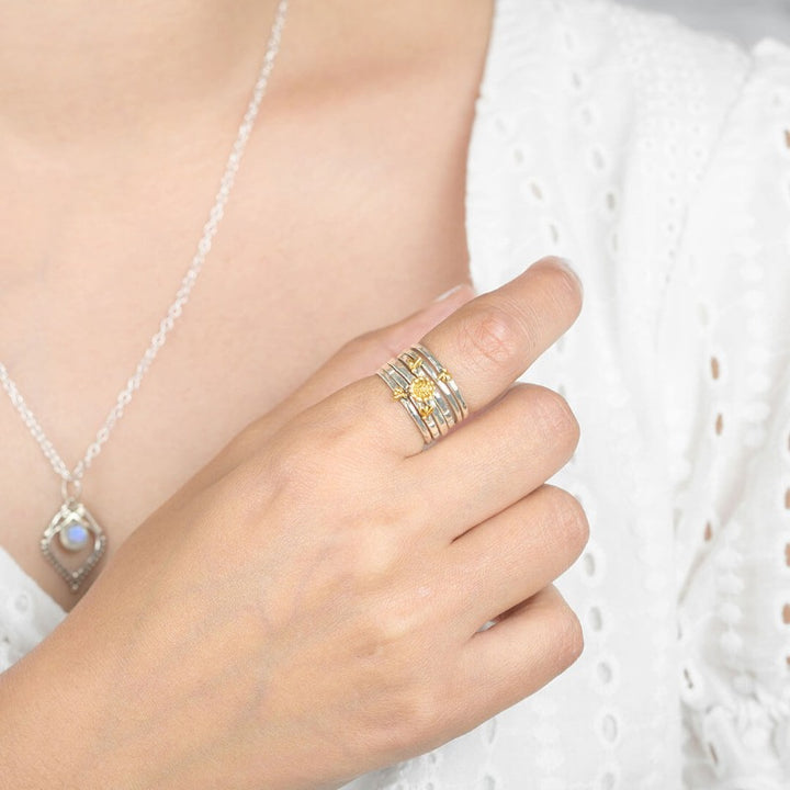 Bees and Sunflower Stacking Ring Set Sterling Silver