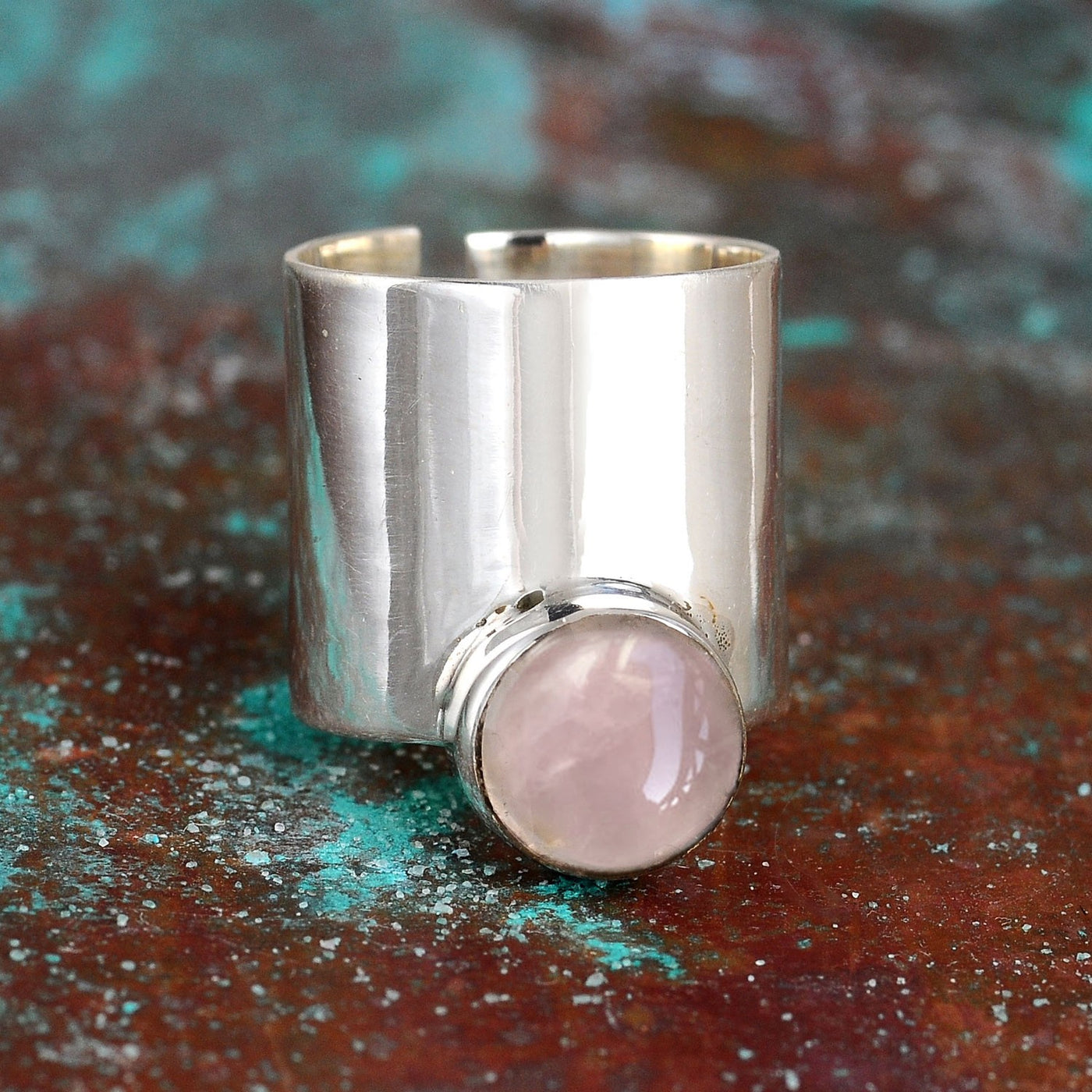 Wide Band Rose Quartz Ring Sterling Silver
