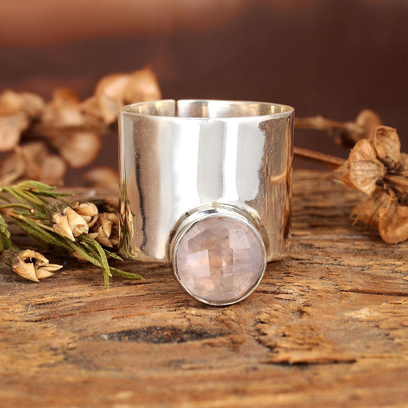 Wide Band Rose Quartz Ring Sterling Silver