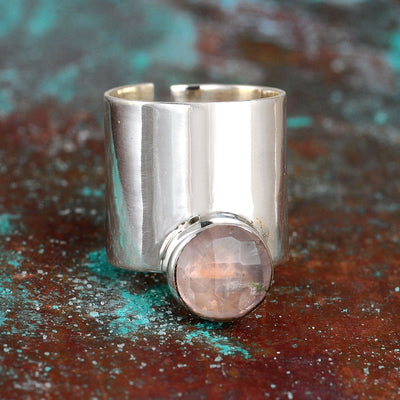 Wide Band Rose Quartz Ring Sterling Silver - Boho Magic