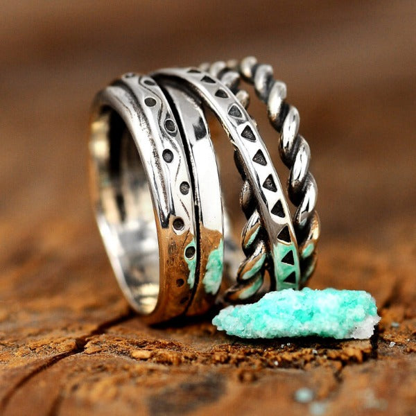 Women's Wide Band Silver Ring with Boho Engraving