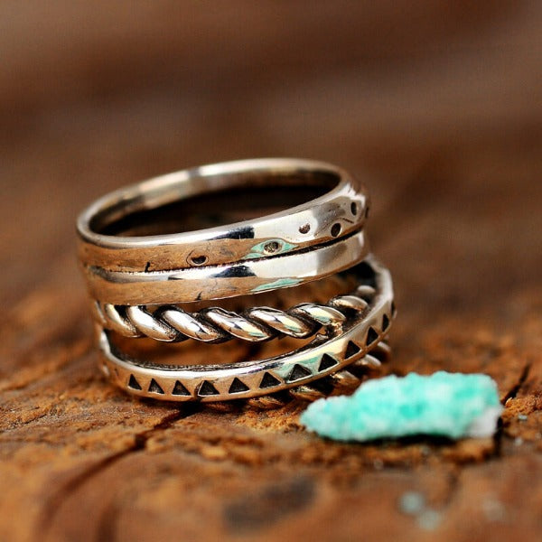 Women's Wide Band Silver Ring with Boho Engraving