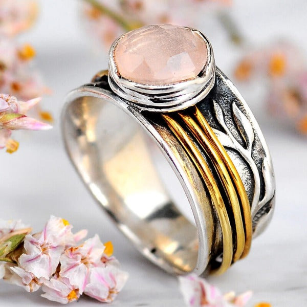 Rose-Quartz Spinner Ring Inspired by Nature Sterling Silver