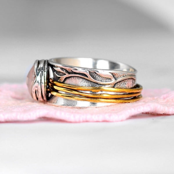 Rose-Quartz Spinner Ring Inspired by Nature Sterling Silver