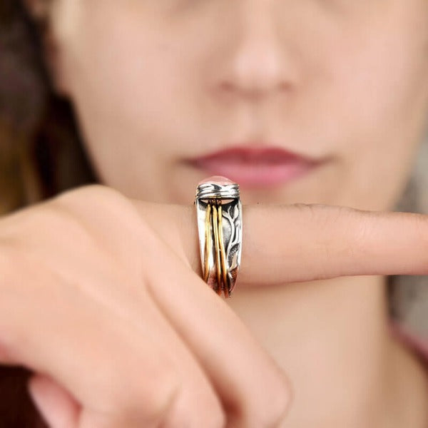 Rose-Quartz Spinner Ring Inspired by Nature Sterling Silver