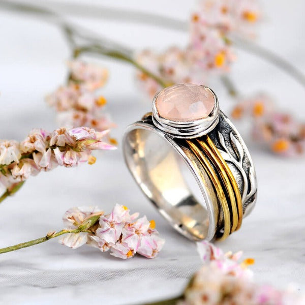 Rose-Quartz Spinner Ring Inspired by Nature Sterling Silver