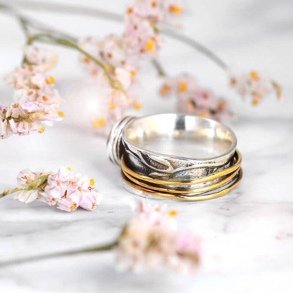 Rose-Quartz Spinner Ring Inspired by Nature Sterling Silver