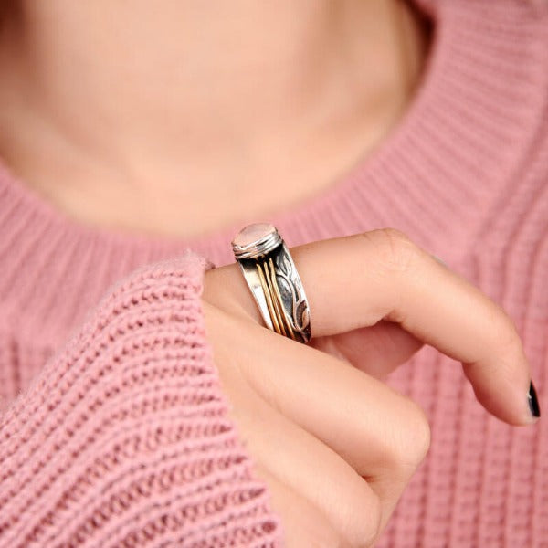 Rose-Quartz Spinner Ring Inspired by Nature Sterling Silver