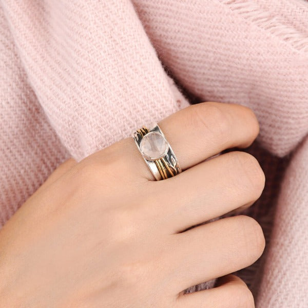 Rose-Quartz Spinner Ring Inspired by Nature Sterling Silver