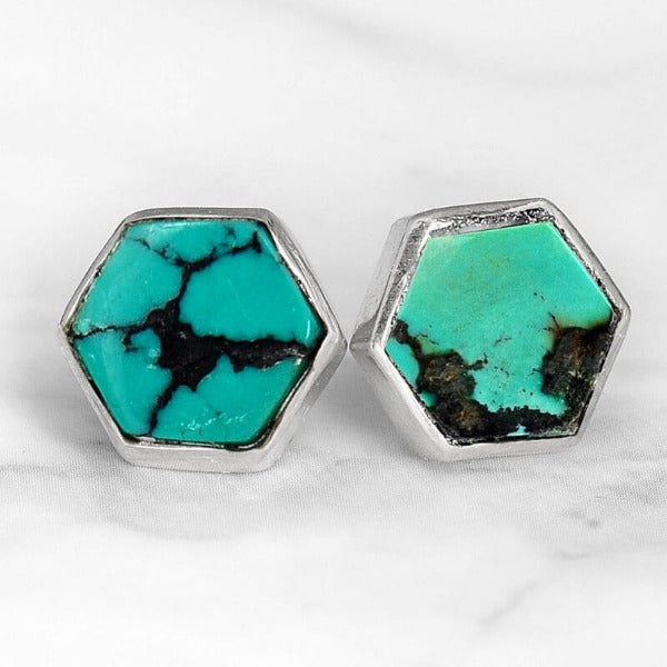 Hexagon Silver Turquoise Earrings