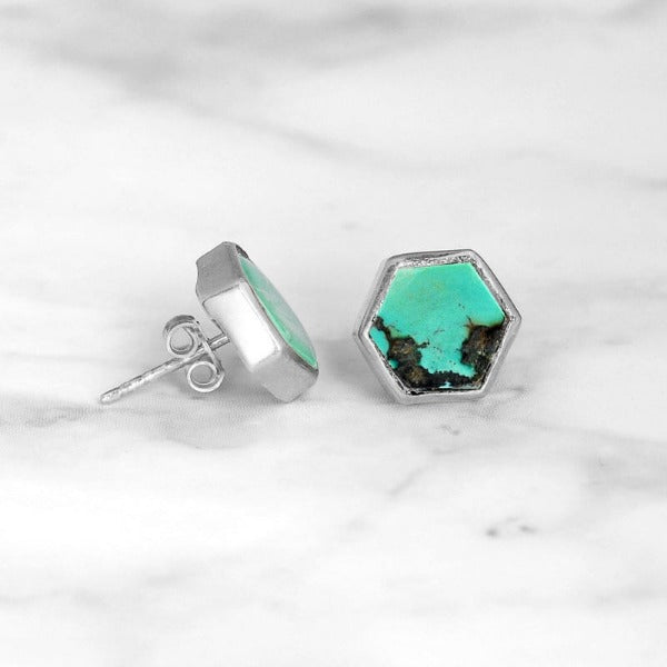 Hexagon Silver Turquoise Earrings