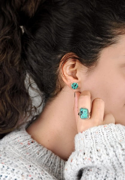 Hexagon Silver Turquoise Earrings