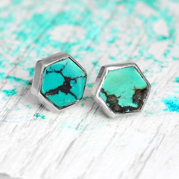 Hexagon Silver Turquoise Earrings