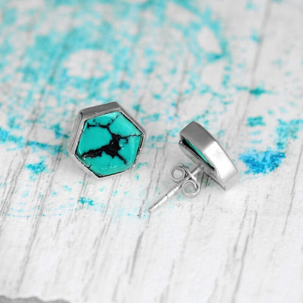 Hexagon Silver Turquoise Earrings