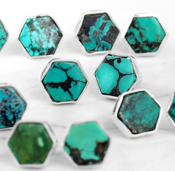 Hexagon Silver Turquoise Earrings