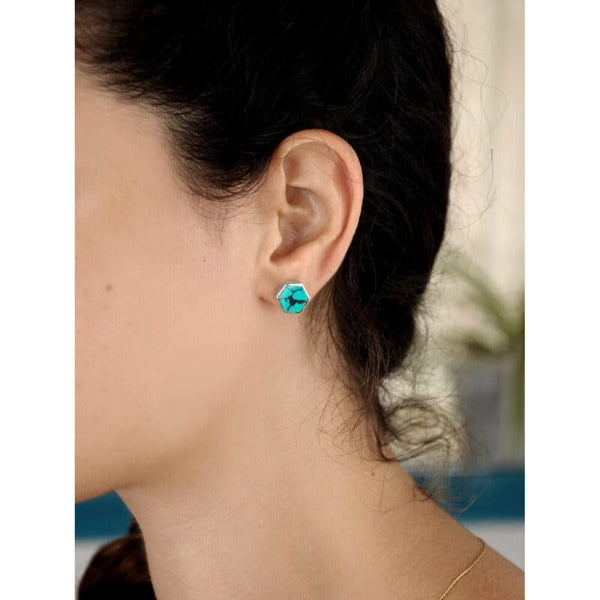 Hexagon Silver Turquoise Earrings