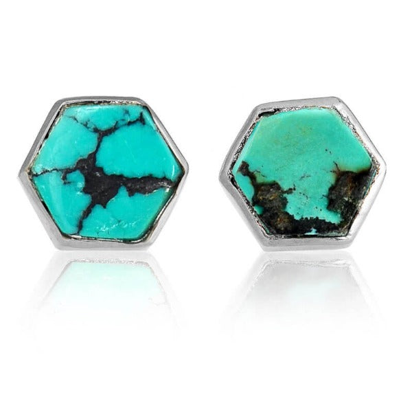 Hexagon Silver Turquoise Earrings