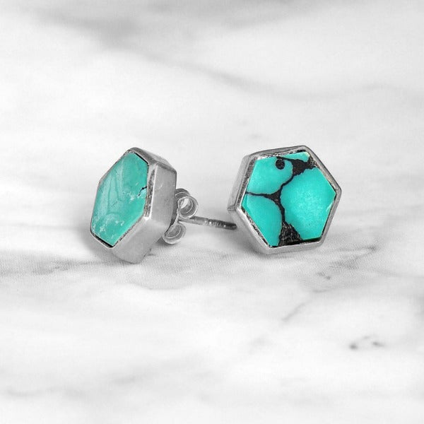 Hexagon Silver Turquoise Earrings