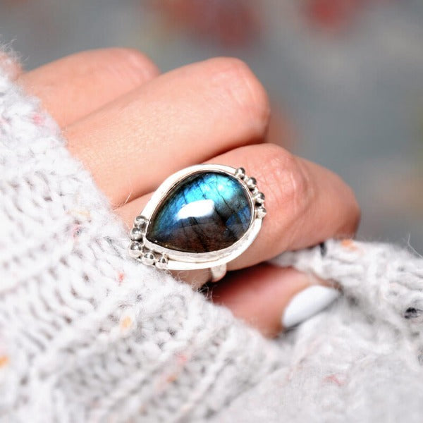 Teardrop Labradorite Ring Sterling Silver