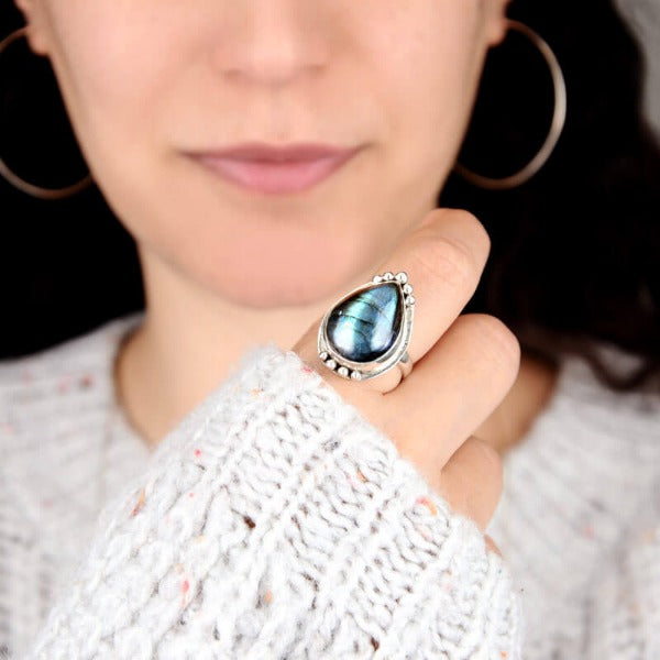 Teardrop Labradorite Ring Sterling Silver