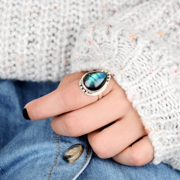 Teardrop Labradorite Ring Sterling Silver