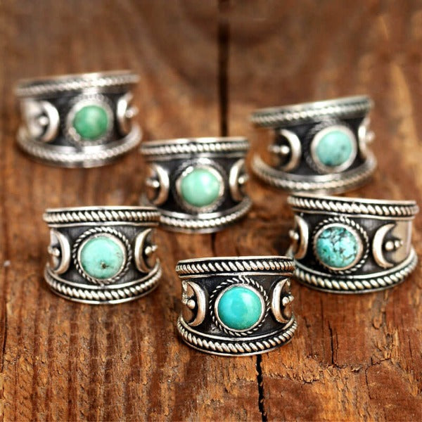 Crescent Moon Ring with Real Turquoise Sterling Silver