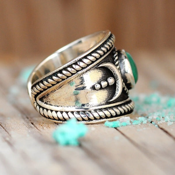 Crescent Moon Ring with Real Turquoise Sterling Silver