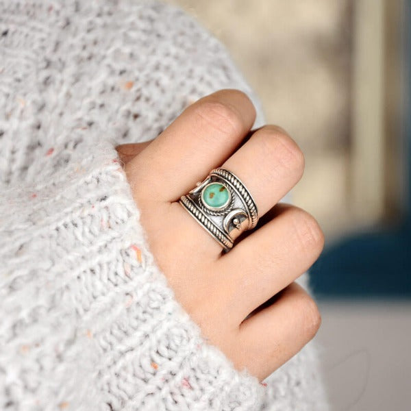Crescent Moon Ring with Real Turquoise Sterling Silver