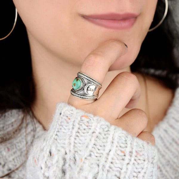 Crescent Moon Ring with Real Turquoise Sterling Silver