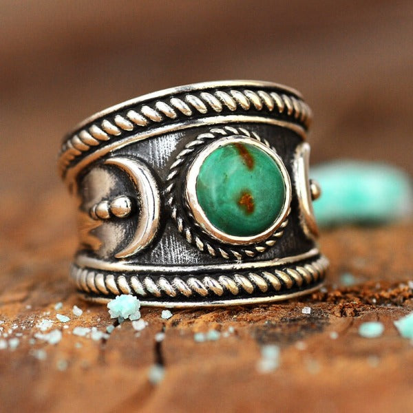 Crescent Moon Ring with Real Turquoise Sterling Silver