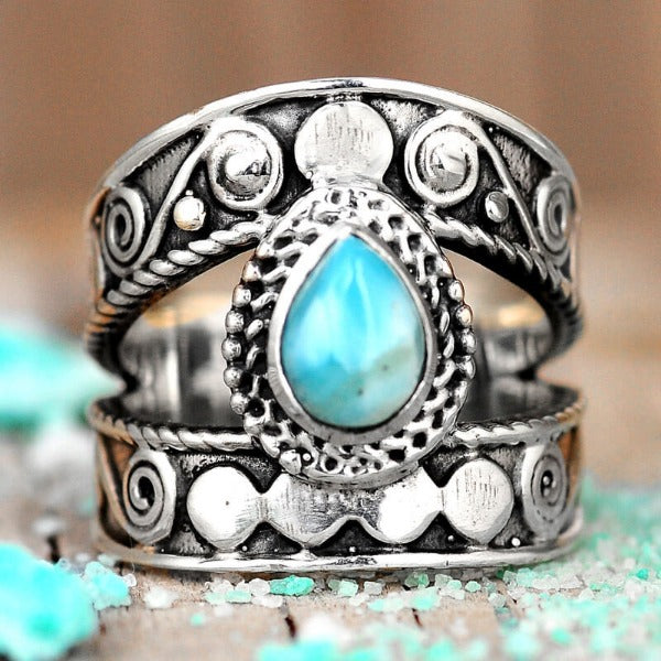 Boho Ring with Larimar Stone Sterling Silver
