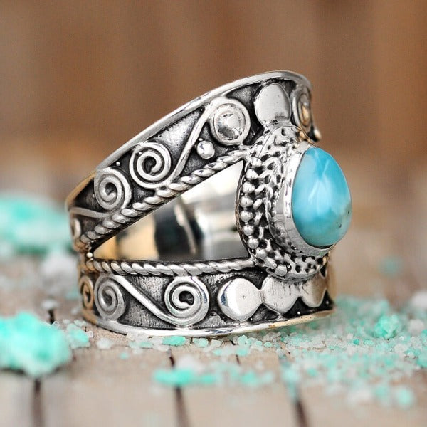 Boho Ring with Larimar Stone Sterling Silver