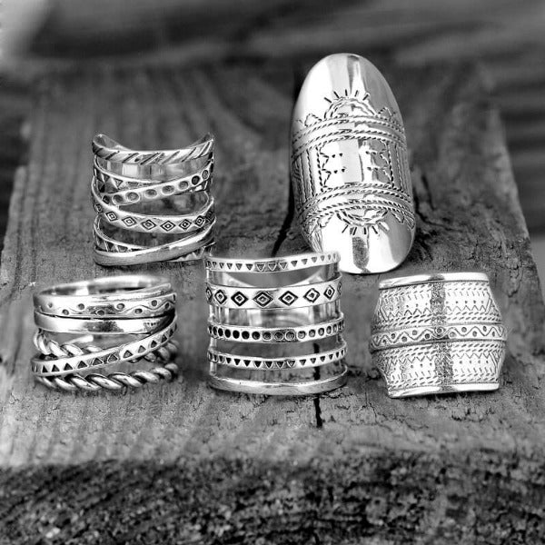 Women's Wide Band Silver Ring with Boho Engraving