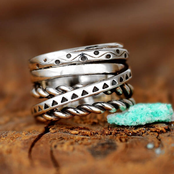 Women's Wide Band Silver Ring with Boho Engraving