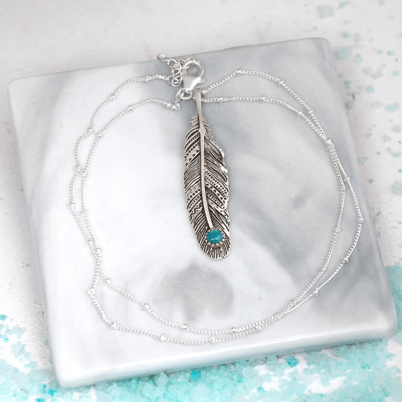 Boho Feather Turquoise Necklace Sterling Silver