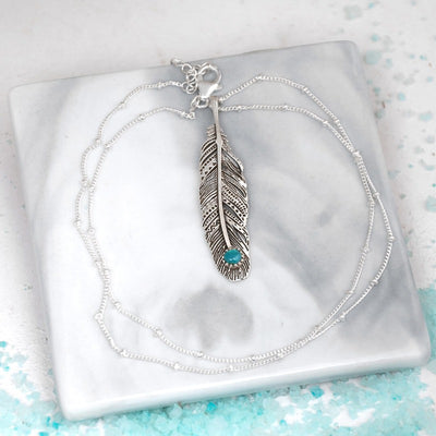 Boho Feather Turquoise Necklace Sterling Silver - Boho Magic