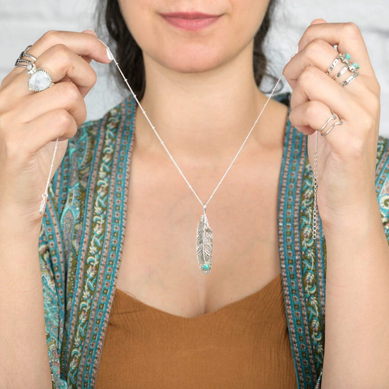 Boho Feather Turquoise Necklace Sterling Silver Boho Magic Jewelry