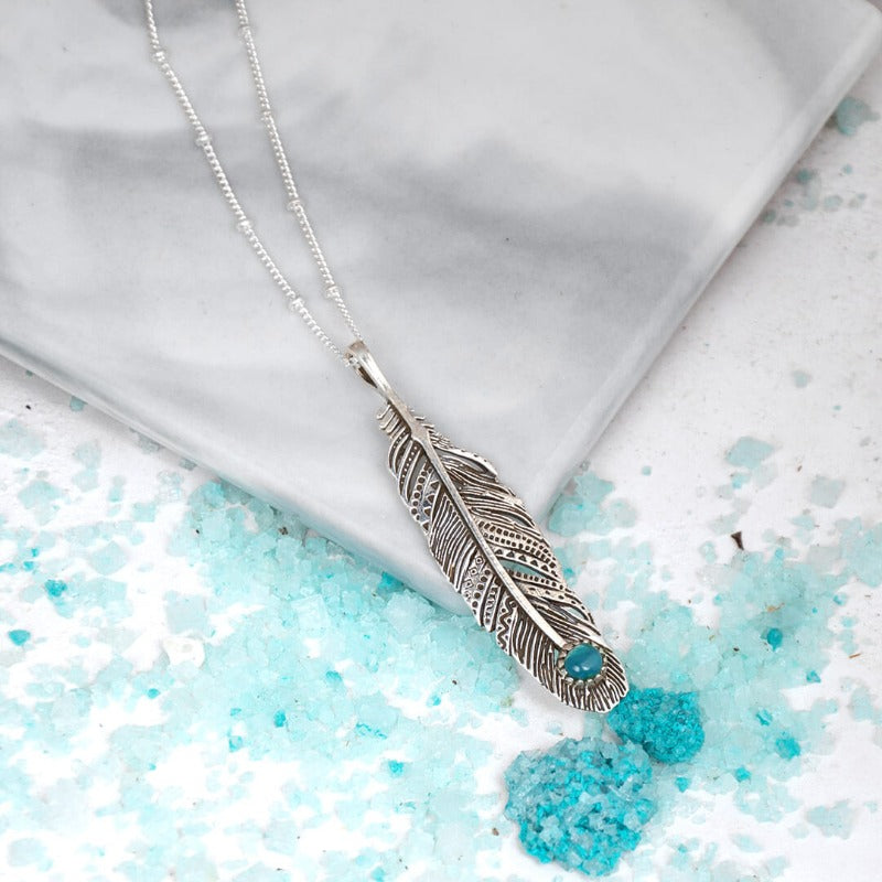 Boho Feather Turquoise Necklace Sterling Silver