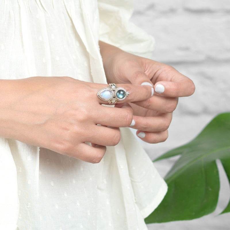 Celestial Moonstone and Labradorite Silver Ring