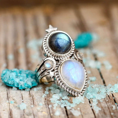 Celestial Moonstone and Labradorite Silver Ring - Boho Magic