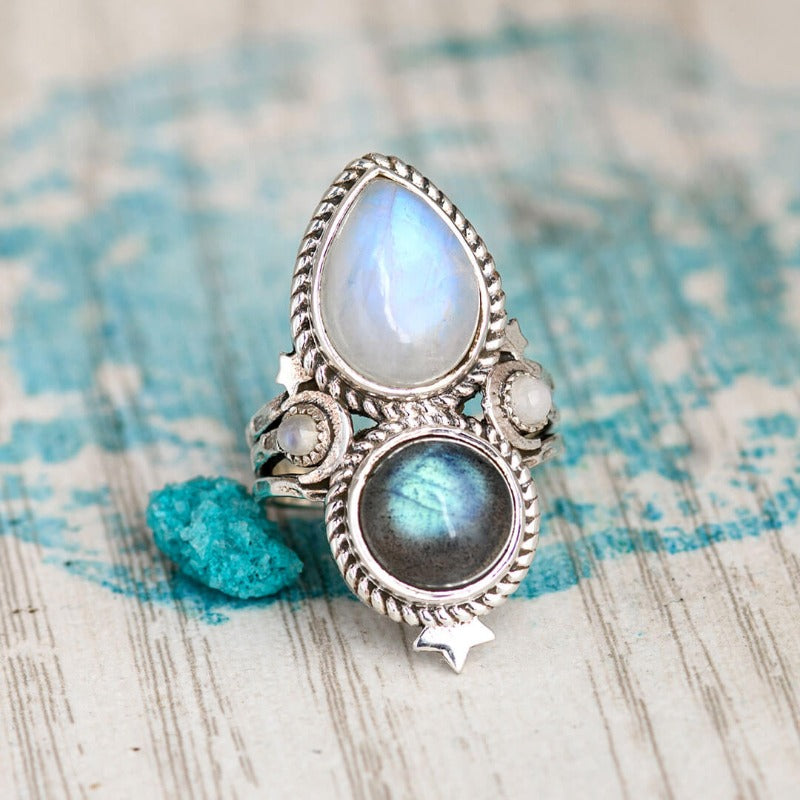 Celestial Moonstone and Labradorite Silver Ring – Boho Magic Jewelry