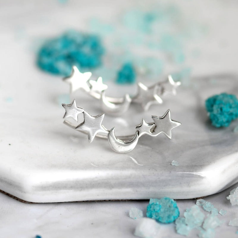 Star and Moon Climber Earrings Sterling Silver