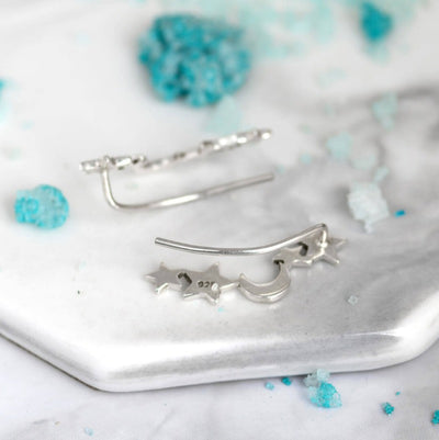 Star and Moon Climber Earrings Sterling Silver - Boho Magic