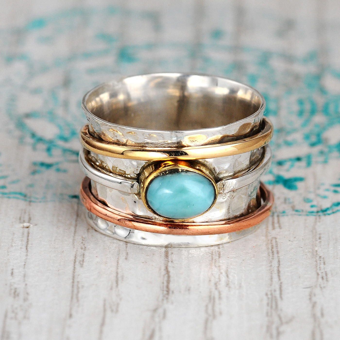Sterling Silver Two Tone Spinner Larimar Ring