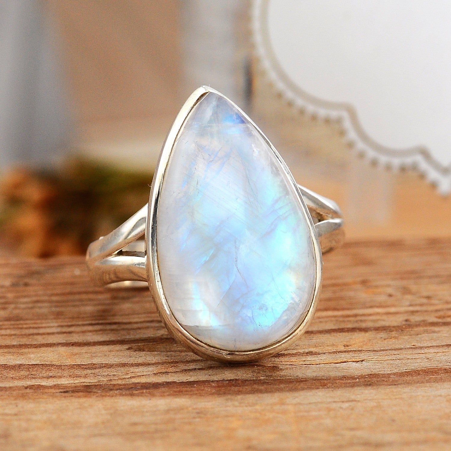 Sterling Silver Teardrop Large Moonstone Ring – Boho Magic Jewelry