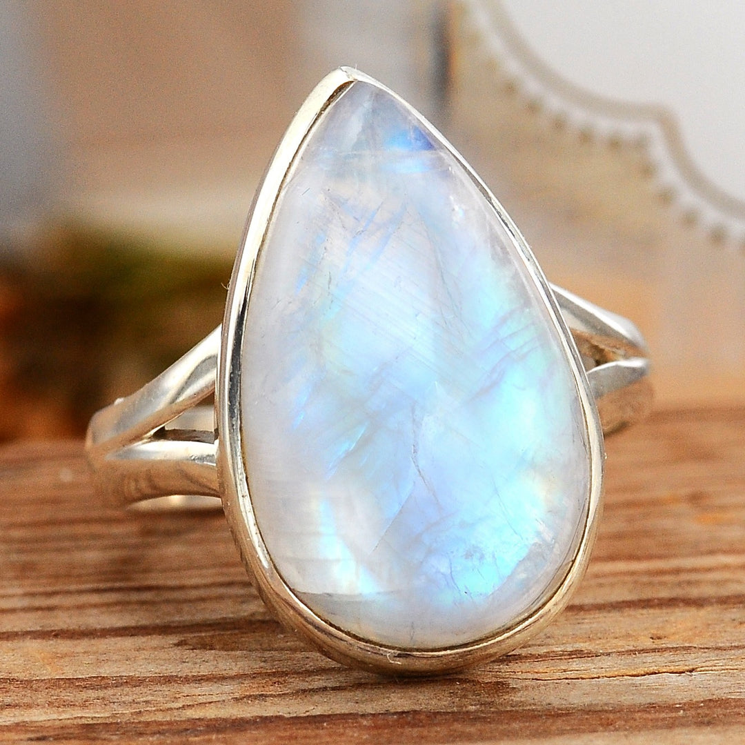 Rainbow Moonstone Ring, Natural 10x7mm Teardrop Crystal Cabochon, Simple Recycled 925 Sterling Silver Cocktail store Jewellery